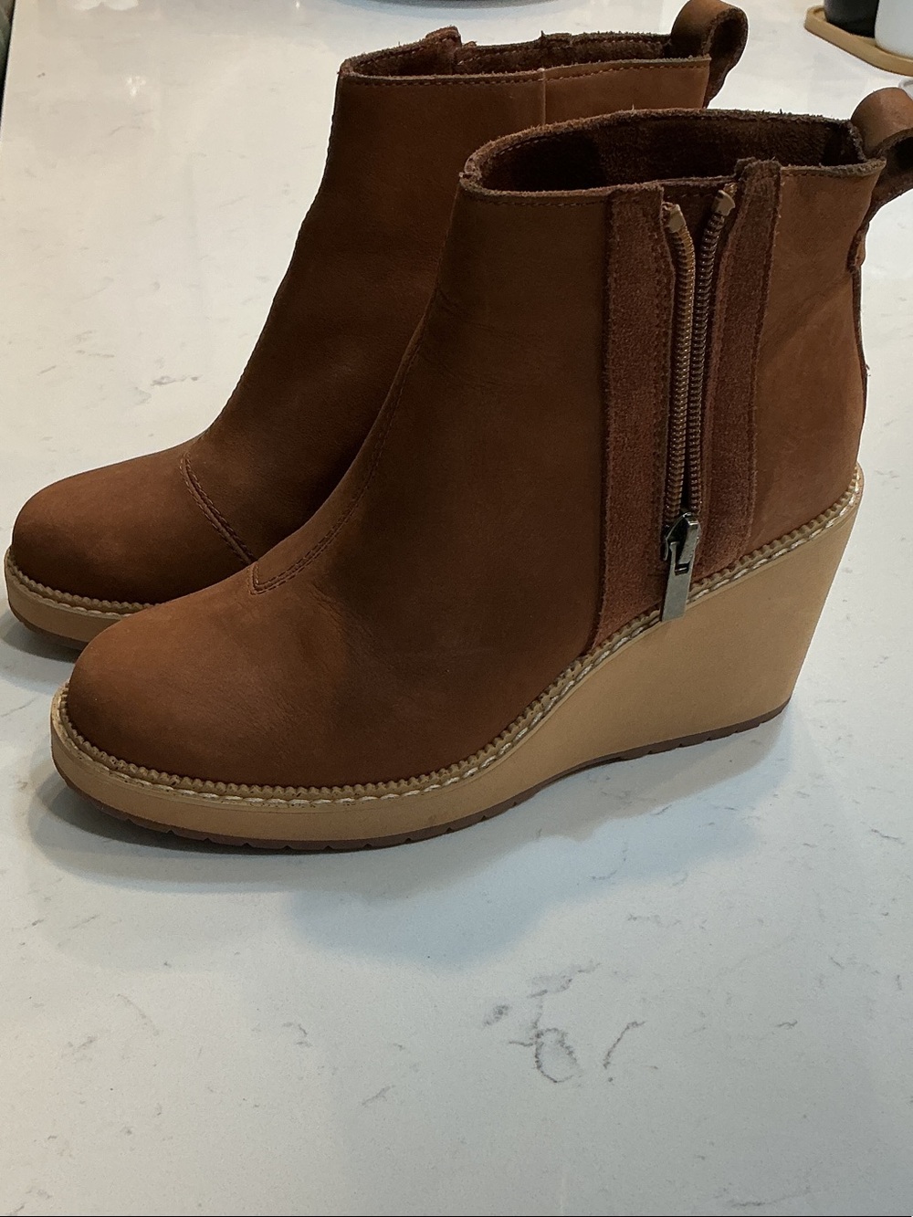 Toms Chestnut Brown Wedge Ankle Boots with Side Zip